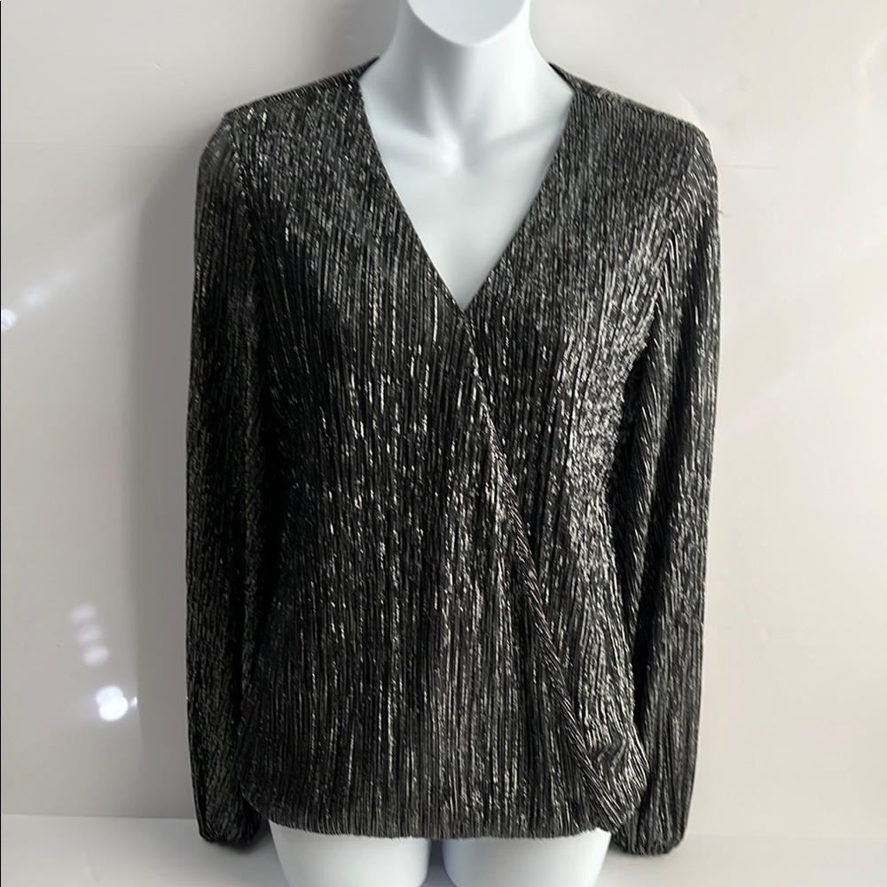 Alfani Black and Silver Ruched Puff Sleeve Blouse